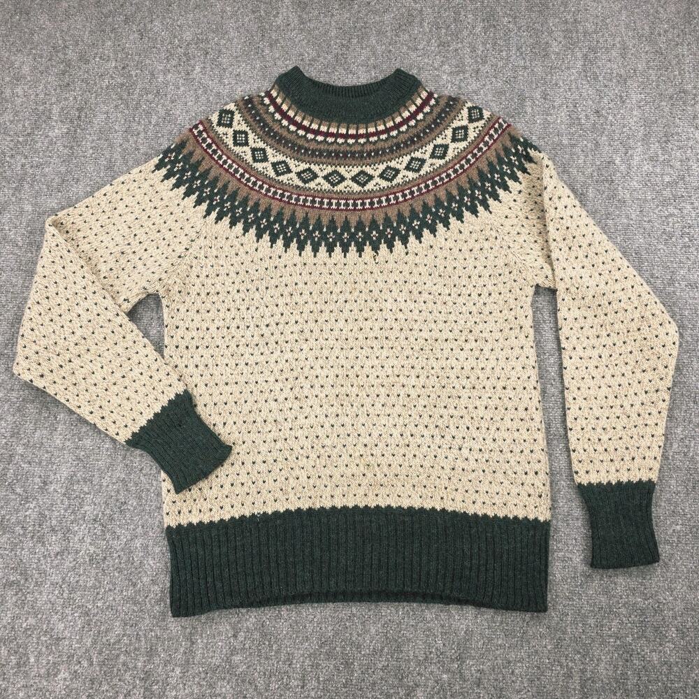 Vintage Woolrich Sweater Mens Large Beige Fair Isle Wool Mock Neck Ski Pullover